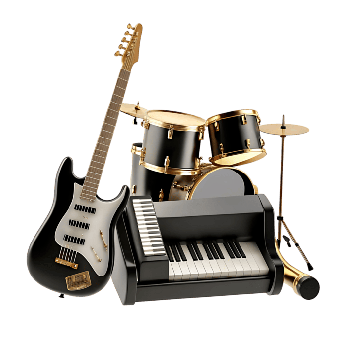 Elegant Transparent And Gold Musical Instruments Group Including Electric Guitar Piano Drums And Trumpet Free Png